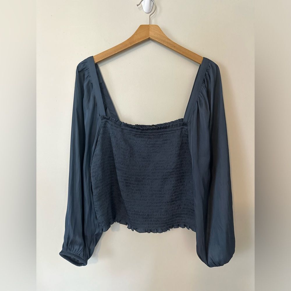 J. Crew | Teal Featherweight Smocked Satin Crop Top Puff Sleeve L